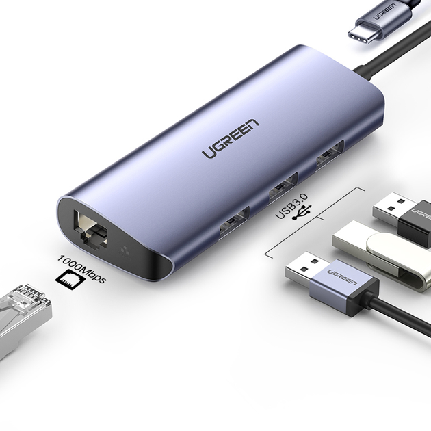 USB-хаб Ugreen CM252 USB Type-C to 3xUSB 3.0 HUB + Gigabit Converter Grey (6957303867189) - зображення 2