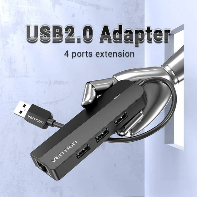 Хаб Vention USB 2.0 – 3 х USB 2.0 + RJ-45 100 м Ethernet (6922794747302) - зображення 2