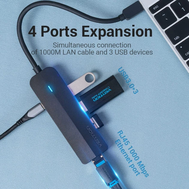 Hub Vention USB 3.1 Type-C - 3 x USB 3.0 + MicroUSB + RJ-45 100 m Ethernet Black (6922794751989) - obraz 7