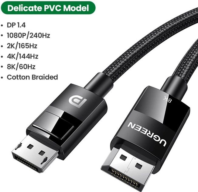 Kabel Ugreen DP114 DP 1.4 Male to Male Plastic Case Braided Cable 1 m Black (6957303883905) - obraz 4