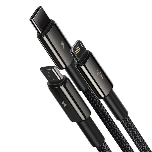 Кабель зарядный Baseus Tungsten 3в1 USB to Lightning / USB Type C / micro USB 3.5 А 1.5 м Black (CAMLTWJ-01) - Фото 2 Кабель зарядный Baseus Tungsten 3в1 USB to Lightning / USB Type C / micro USB 3.5 А 1.5 м Black (CAMLTWJ-01) - изображение 2
