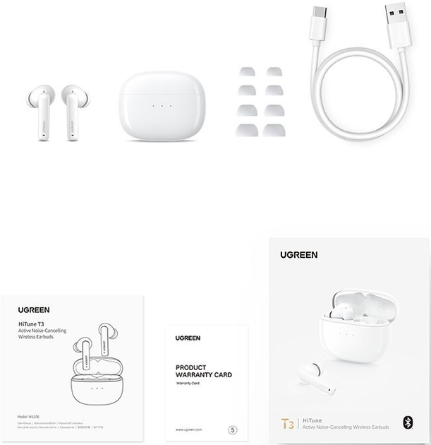 Słuchawki Ugreen WS106 HiTune T3 Active Noise-Cancelling Earbuds White (6957303892068) - obraz 5