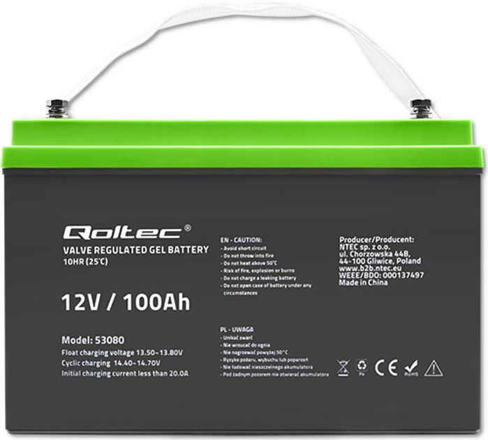 Аккумуляторная батарея Qoltec żelowy 12V 100Ah GEL 29.3kg 53080 ...
