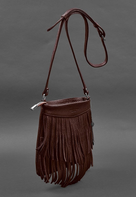 Шкіряна жіноча сумка з бахромою міні-кроссбоді бордовий - зображення 2