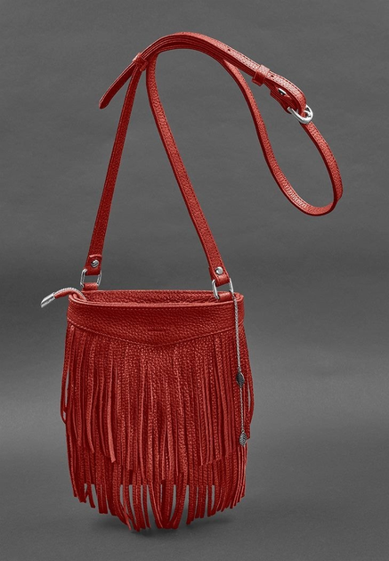 Шкіряна жіноча сумка з бахромою міні-кроссбоді червона - зображення 1