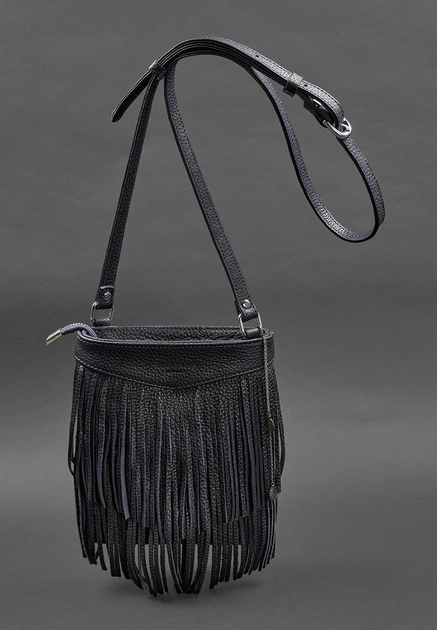 Шкіряна жіноча сумка з бахромою міні-кроссбоді темно синій - зображення 1