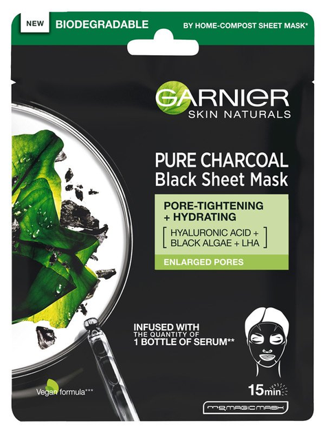 Maska do twarzy Garnier Pure Charcoal Black Tissue Mask z węglem 28 g (3600542097253) - obraz 1