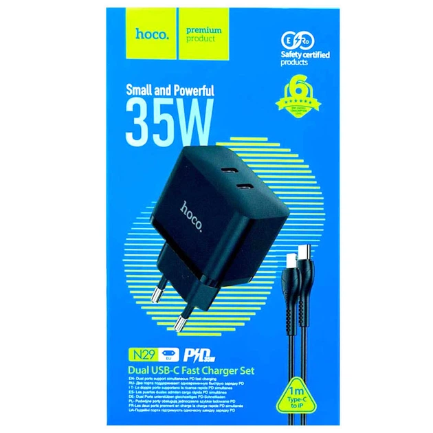 СЗУ Hoco N29 PD35W (2USB-C) + кабель Type-C to Lightning Black - изображение 5