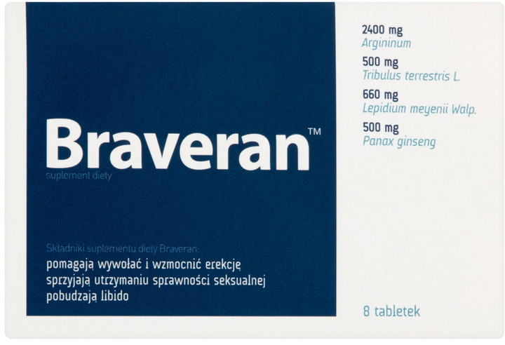 Дієтична добавка Aflofarm Braveran допомагаюча викликати та посилити ерекцію 8 таблеток (5902020845126) - зображення 1