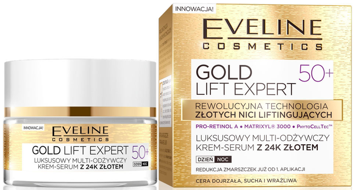 Krem-serum do twarzy Eveline Gold Lift Expert 50+ luksusowy multi-odżywczy z 24k złotem na dzień/noc 50 ml (5901761941944) - obraz 1