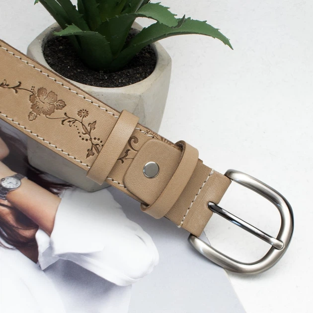 Ремінь шкіряний жіночий з квітами бежевий SF-3531 beige (125 см) - зображення 4