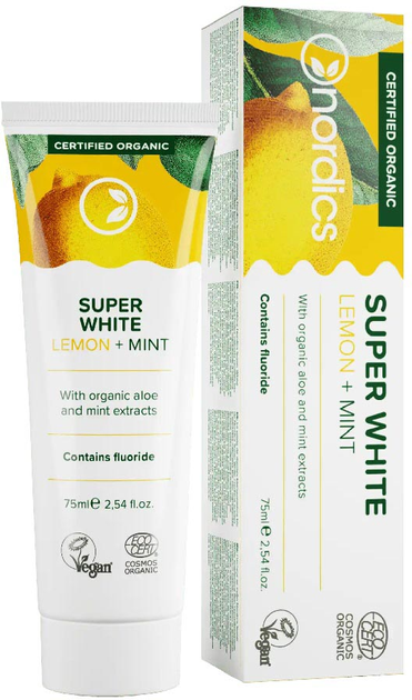 Зубна паста Nordics Super White Organic з фтором лимон + м'ята 75 мл (3800500324555) - зображення 1