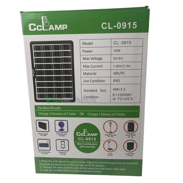 Переносна сонячна панель CCLamp CL-0915 15W 9V 6V IP65 з набором перехідників для заряджання телефонів 2 USB GS-7648 - Фото 5 Переносна сонячна панель CCLamp CL-0915 15W 9V 6V IP65 з набором перехідників для заряджання телефонів 2 USB GS-7648 - зображення 5