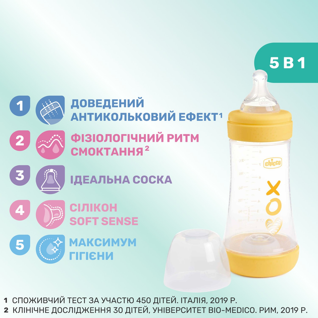 Пляшка для годування пластикова Chicco Perfect 5 Love із силіконовою соскою 2+ міс. 240 мл Жовта (20223.31.40) - зображення 3