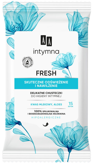 Делікатні інтимні гігієнічні серветки AA Cosmetics Fresh ефективне освіження та зволоження 15 шт (5900116087030) - зображення 1