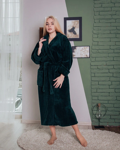 Теплий довгий махровий жіночий халат на запах з капюшоном, зелений, 2XL(54) - Фото 1 Теплий довгий махровий жіночий халат на запах з капюшоном, зелений, 2XL(54) - зображення 1