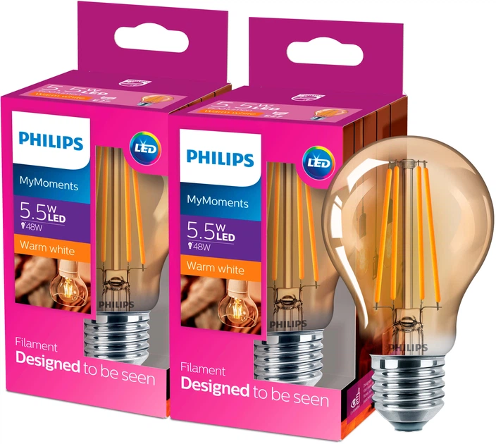 Світлодіодна лампа Philips LEDClassic 5.5-48W A60 E27 2500К CL 2 шт ...