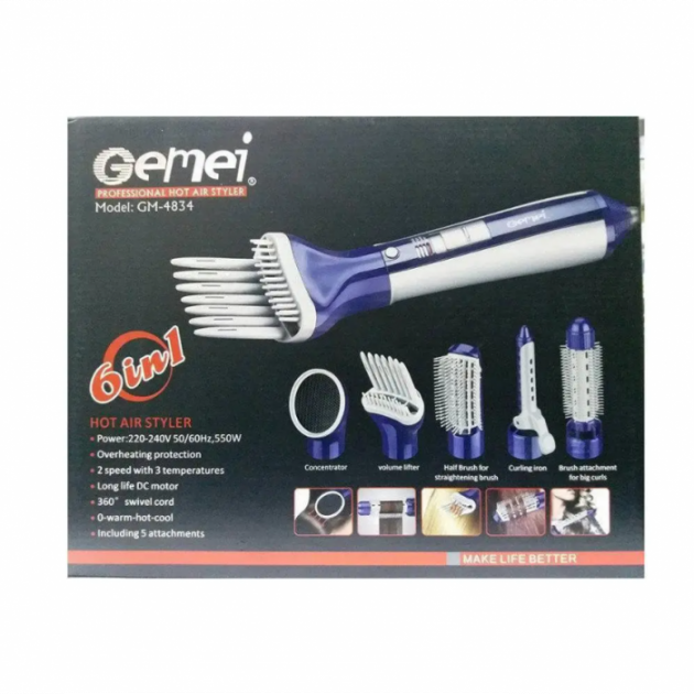 Фен-щетка профессиональная с насадками Gemei GM-4834 6в1 - изображение 3