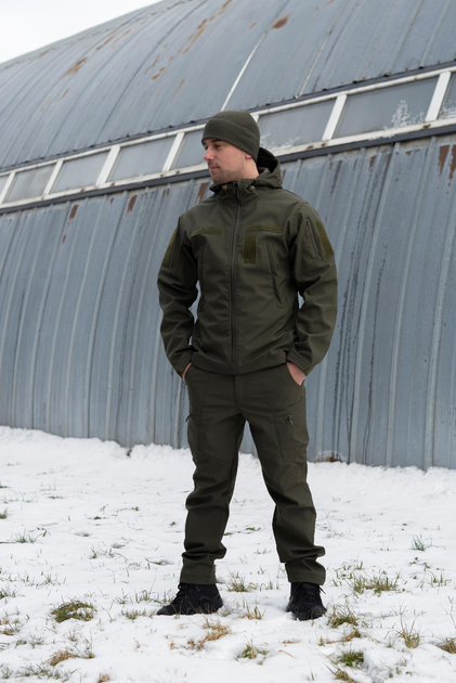 Чоловічий демісезонний костюм Softshell з Липучками під Шеврони оливковий колір Куртка і штани XL - зображення 1