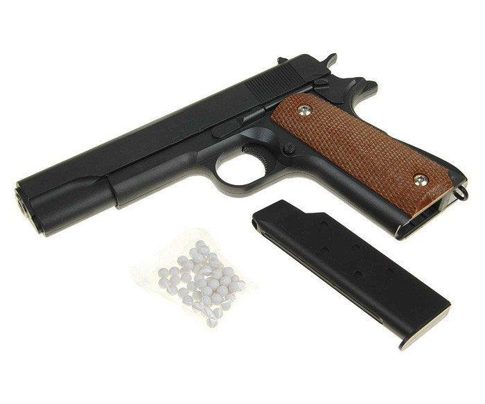 Пистолет Кольт металлический черный стреляет пластиковыми 6 мм пулями с коричневой накладкой - изображение 2
