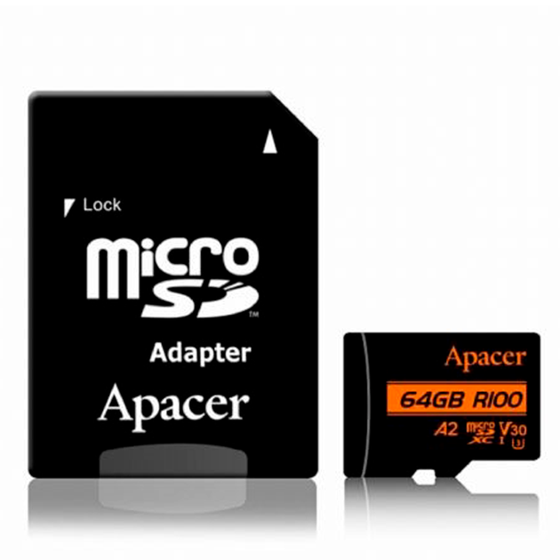 Карта пам'яті Apacer microSDXC 64GB Class 10 UHS-I U3 R-100 MB/s AP64GMCSX10U8-R - Фото 1 Карта пам'яті Apacer microSDXC 64GB Class 10 UHS-I U3 R-100 MB/s AP64GMCSX10U8-R - зображення 1