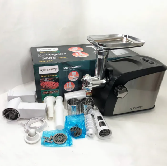 Електрична м'ясорубка Rainberg RB-673 3800W 9 насадок з реверсом - изображение 2