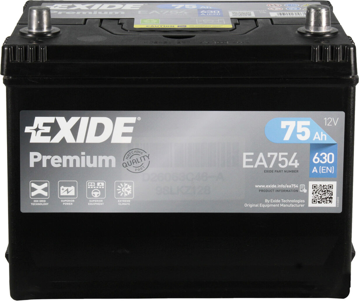 АКБ Азия 75-А/Ч (Exide) (Premium) (R+) 630A (270x172x222мм.) EA754 ...