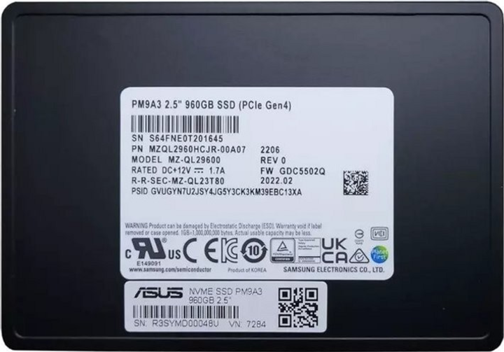 Dysk SSD ASUS PM9A3 960GB 2.5" NVMe PCIe 4.0 x4 V-NAND (TLC) (90SKH00-MEXAN0) - obraz 1