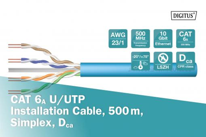 Kabel LAN DIGITUS UTP Cat.6A solid CU simplex 500 m Niebieski (DK-1614-A-VH-5) - obraz 2