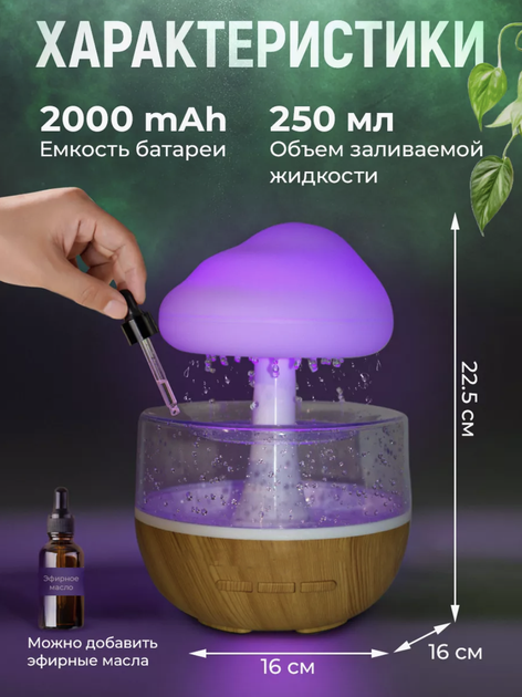 Увлажнитель воздуха ночник в форме гриба с эффектом дождя подсветка RGB 7 цветов деревянный - изображение 3
