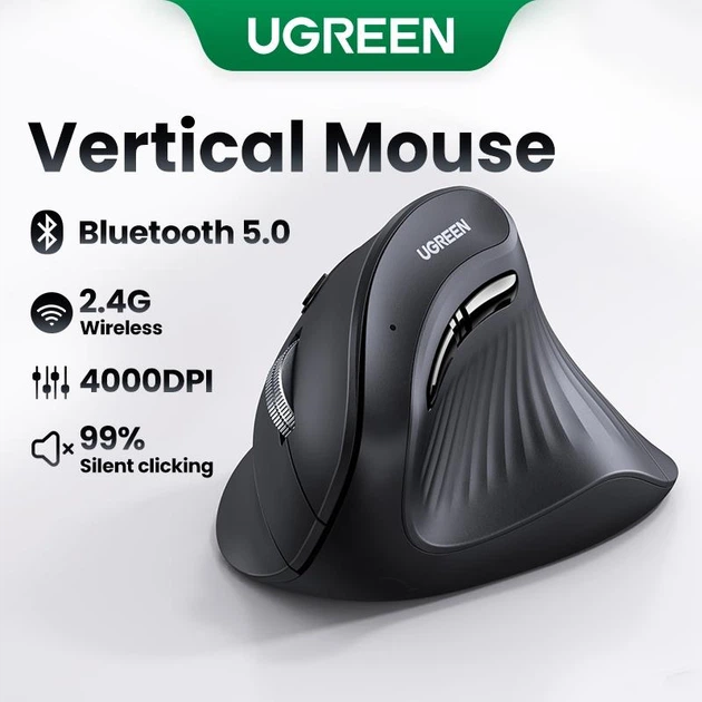 Мышь беспроводная UGREEN MU008 вертикальная Bluetooth 2,4 ГГц 4000 точек на дюйм, 4 кнопки Black (25444) - Фото 2 Мышь беспроводная UGREEN MU008 вертикальная Bluetooth 2,4 ГГц 4000 точек на дюйм, 4 кнопки Black (25444) - изображение 2