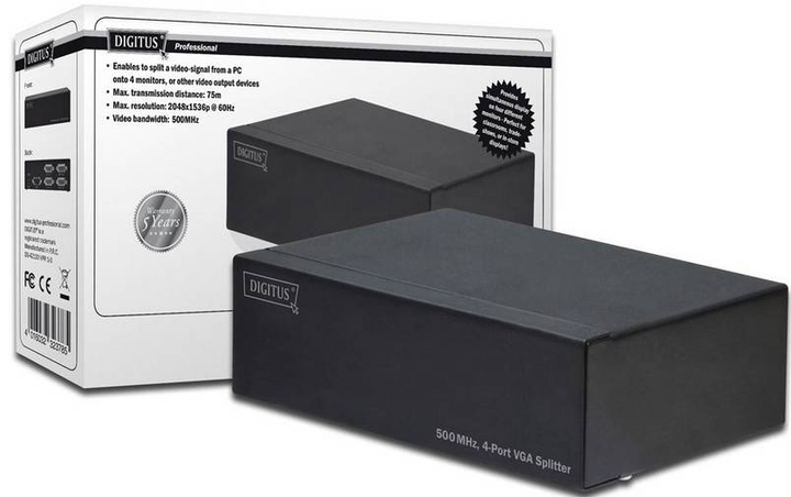 VGA розгалужувач Digitus 4-портовий 1PC 4 500МГц 75м 2048X1536 60Гц (4016032323815) - зображення 4