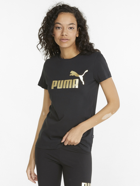 Акція на Футболка Puma Ess+ Metallic Logo Tee 84830301 S Black-Gold foil від Rozetka