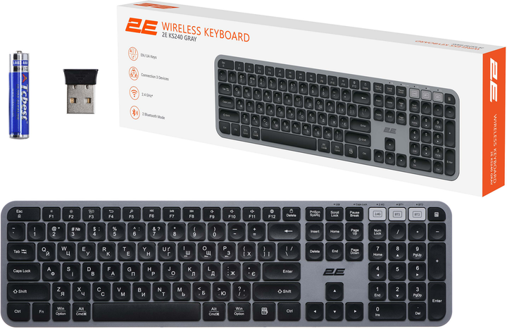 Клавіатура бездротова 2E KS240 Wireless USB/Bluetooth Grey (2E-KS240WG_UA) - зображення 9