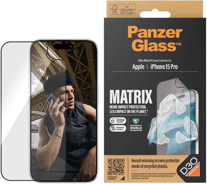 Захисне скло PanzerGlass Matrix Screen Protector with D3O для Apple iPhone 15 Pro Ultra-Wide Fit w. AlignerKit (5711724028182) - зображення 2