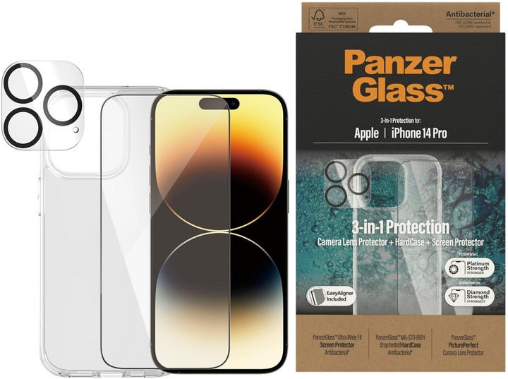 Набір PanzerGlass 3-in-1 Pack для Apple iPhone 14 Pro чохол + Захисне скло + Захисне скло для камери (B0402+2784) - зображення 2