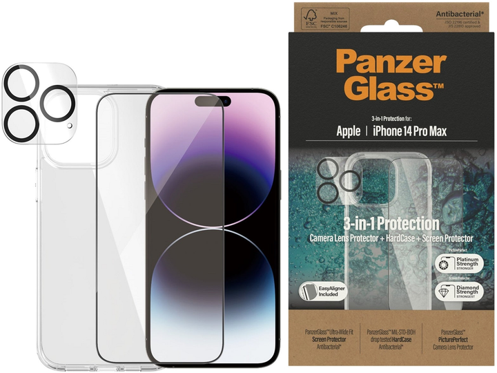 Набір PanzerGlass 3-in-1 Pack для Apple iPhone 14 Pro Max чохол + Захисне скло + Захисне скло для камери (B0404+2786) - зображення 2