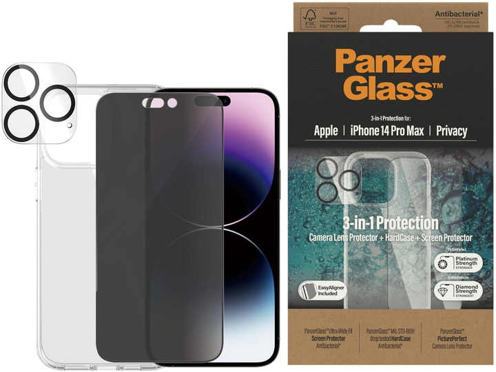 Zestaw PanzerGlass Privacy 3-in-1 Pack do Apple iPhone 14 Pro Max etui + szkło hartowane + szkło do obiektywów (B0404+P2786) - obraz 2