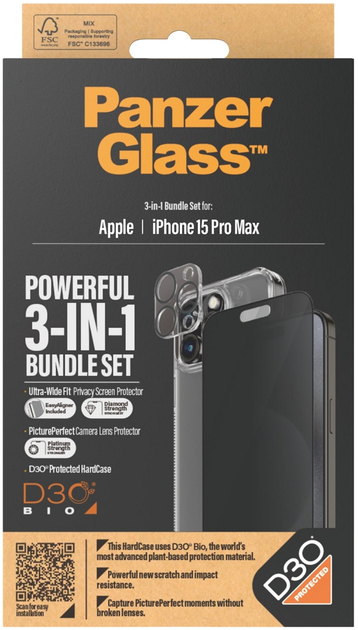 Zestaw PanzerGlass Privacy 3-in-1 Pack do Apple iPhone 15 Pro Max etui + szkło hartowane + szkło do obiektywów (B1175+P2812) - obraz 3