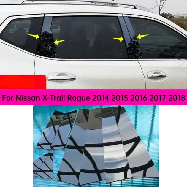 Накладки на стойки дверей Nissan Rogue X-Trail 2014 - 2018 года, наклейки черные глянцевые 8шт - изображение 2