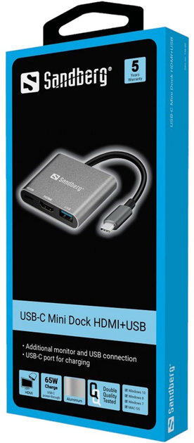 USB-хаб Sandberg Mini Dock USB-C to USB-C, HDMI, USB-A Silver (5705730136009) - зображення 2