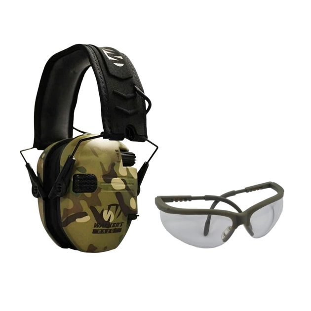 Комплект из активных тактических наушников Walker's Razor Slim с защитными очками Walker's Crosshair, MultiCam (зелений мультикам) - изображение 1