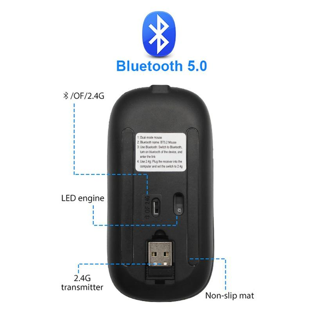Беспроводная бесшумная мышь BauTech с LED-подсветкой RGB аккумуляторная Bluetooth + 2.4 ГГц тихая, RF-6800,чёрный - изображение 2