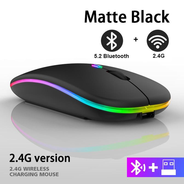 Беспроводная бесшумная мышь BauTech с LED-подсветкой RGB аккумуляторная Bluetooth + 2.4 ГГц тихая, RF-6800,чёрный - изображение 3