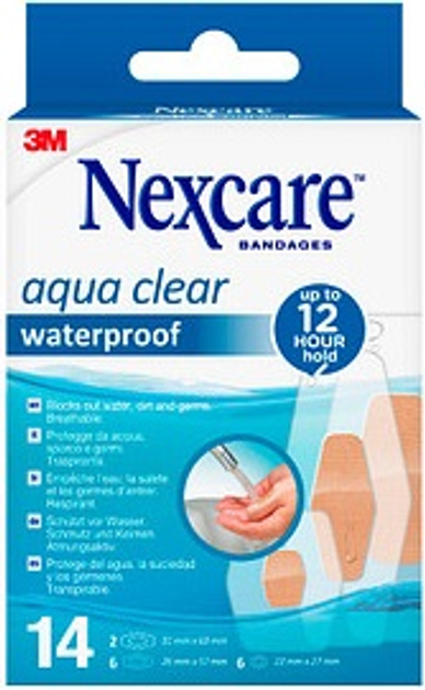 Набор Nexcare Aqua Clear пластыри 2.2 см x 2.7 см 6 шт + пластыри 2.6 см x 5.7 см 6 шт + пластыри 3.1 см x 6.3 см 2 шт (4054596758704) - изображение 1