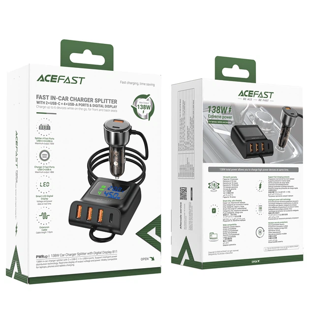 Автомобільний зарядний пристрій ACEFAST B11 138W Car Charger Splitter with Digital Display Black (6974316282488) - изображение 2