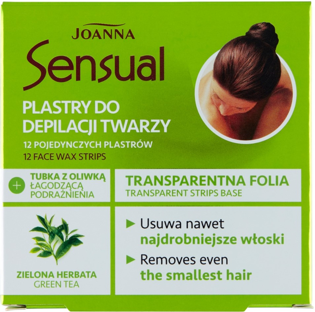 Plastry do depilacji twarzy Joanna Sensual Zielona Herbata 12 sztuk + tubka z oliwką łagodzącą podrażnienia 10 ml (5901018015794) - obraz 1