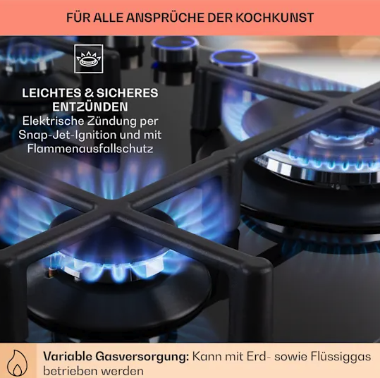 Газовая варочная панель Klarstein Illuminosa 4, Конфорка Sabaf, стеклокерамика - изображение 4