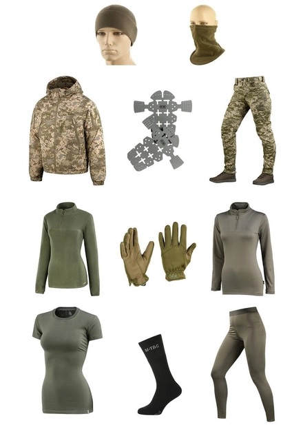 M-tac комплект Lady ММ14 куртка, штани з тактичними наколінниками, термобілизна, шапка, рукавички піксель XS - зображення 1