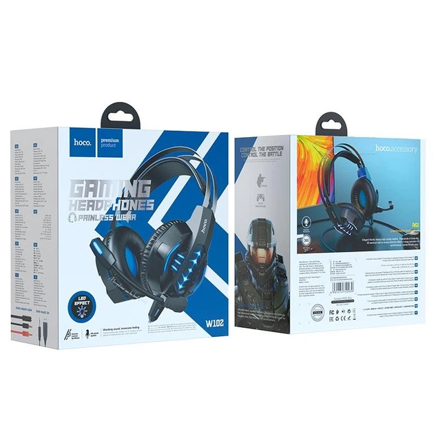 Наушники проводные игровые HOCO W102 gaming Cool tour подсветка LED черно синие - изображение 4
